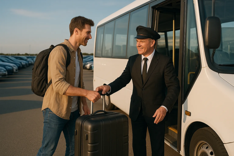 Traveller boarding airport shuttle bus from Park and Ride car park
